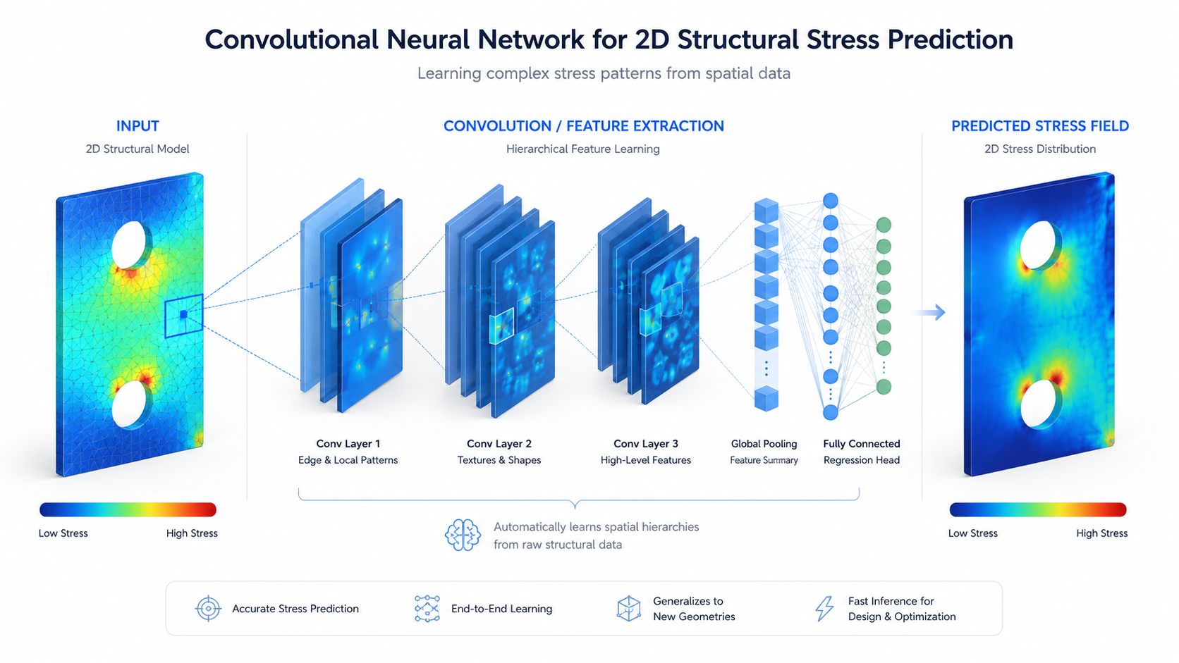 Visualization of CNN-based machine learning for stress fields in 2D structures.